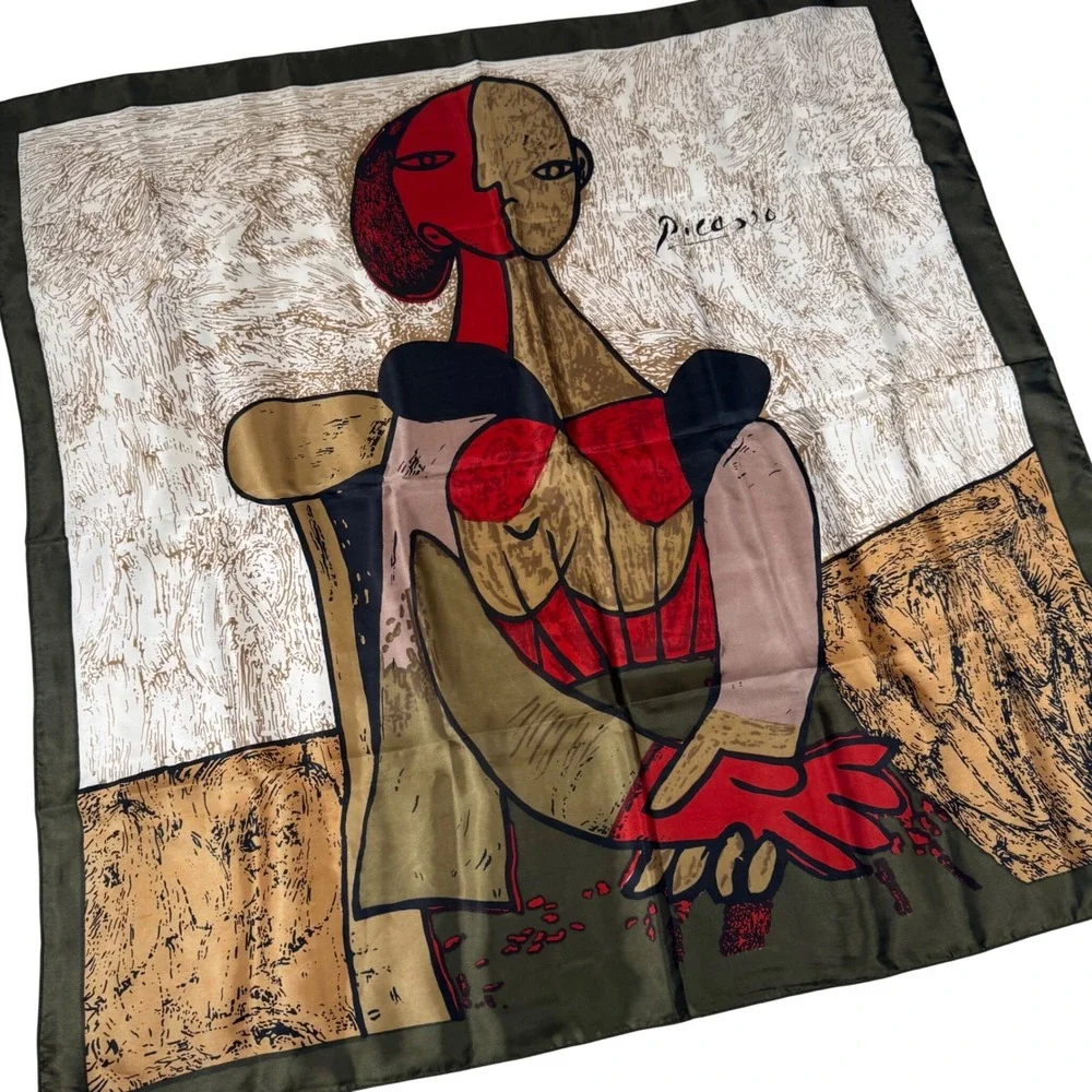 Picasso Cubist Portrait Art Print Olive Green Red Square Scarf 33